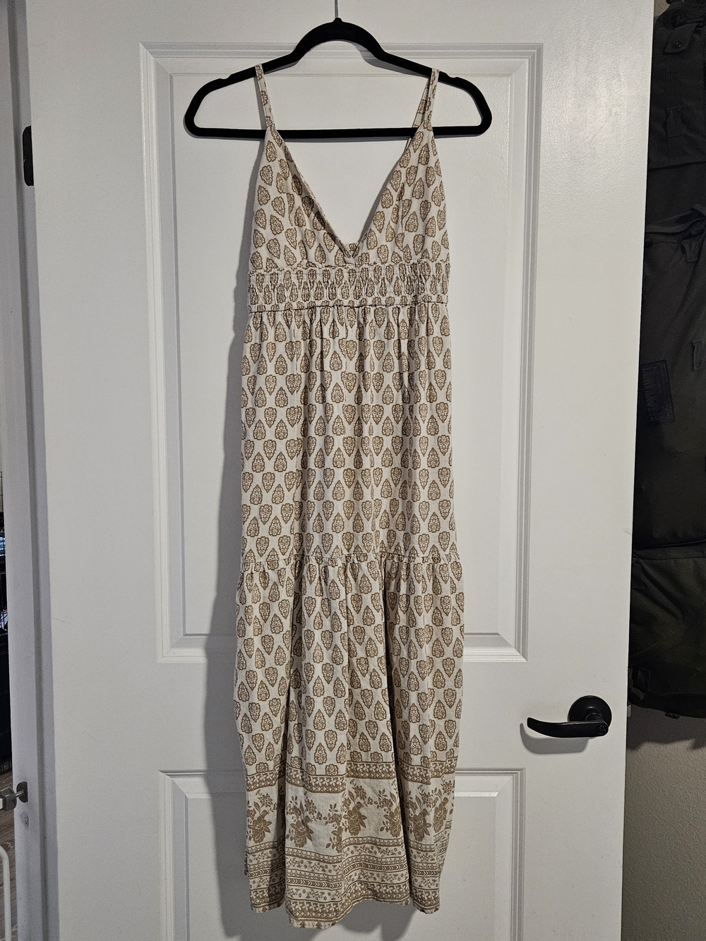 Sim & Sam Bohemian Tan Babydoll Linen Blend Maxi Dress in Oat Print Size Medium